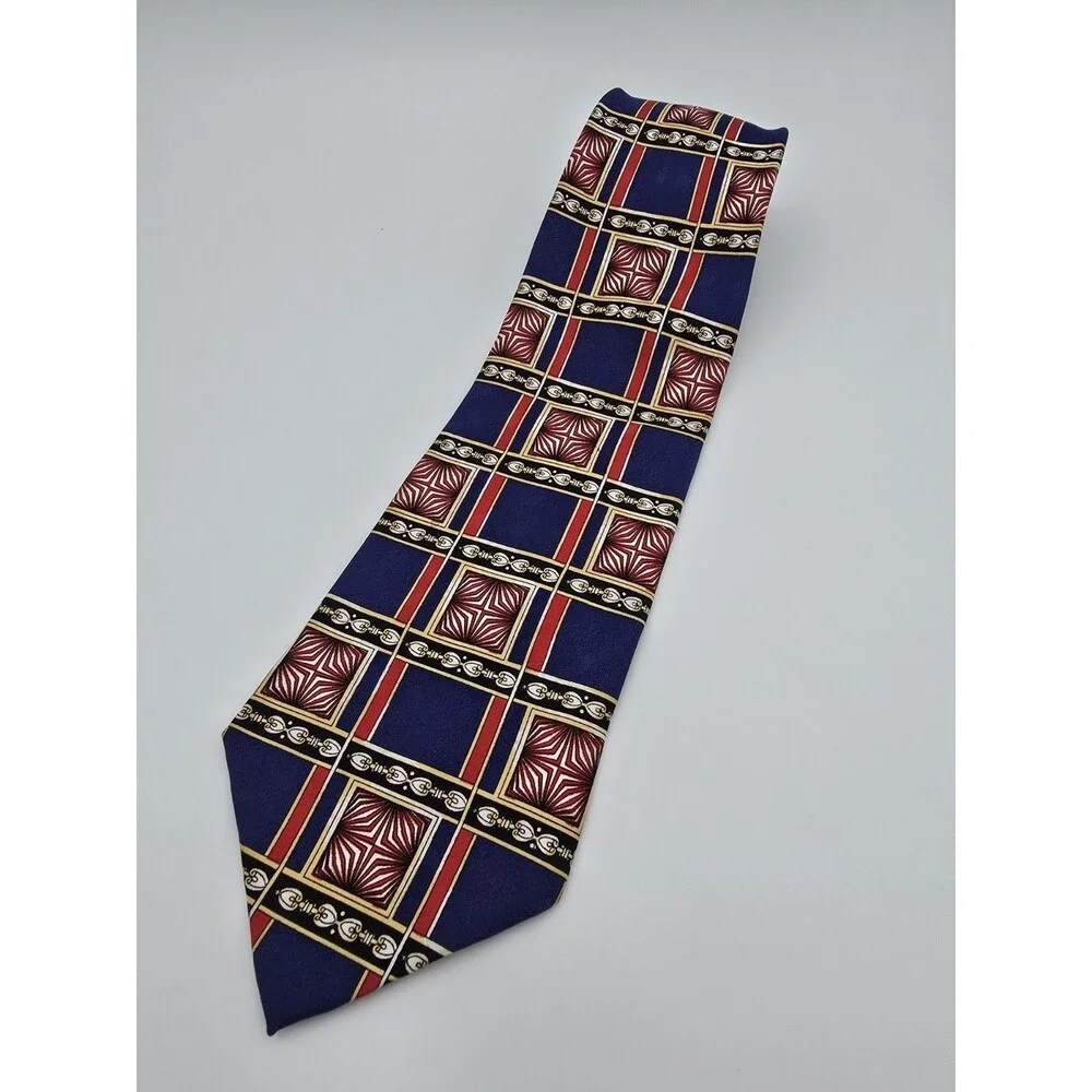 Executive Silks Vintage Men's Silk Tie Blue Red Geometric Grid Pattern RN 59495